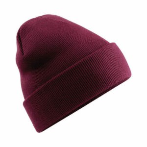 Beechfield original cuffed promotional beanies in maroon on a white background