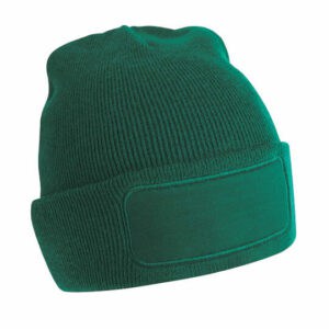 Front view of a Beechfield original patch promotional beanie hats in bottle green on a white background