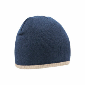 Navy blue Beechfield two-tone promotional beanie hats with a stone colouring edging on a white background