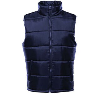 Front on view of a navy blue Brand 2786 promotional body warmers against a white background
