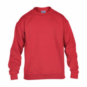 Front view of a Gildan heavy blend youth promotional sweatshirts in red on a white background