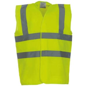 Front view of a Yoko promotional hi-vis safety vests in yellow on a white background