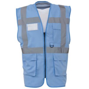 Front view of our Yoko promotional multifunction hi-vis waistcoats in blue on a white background